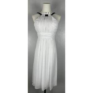 Bari Jay White Halter Chiffon Empire Dress Style 382 Ruched Bodice Sz 6 Flaw